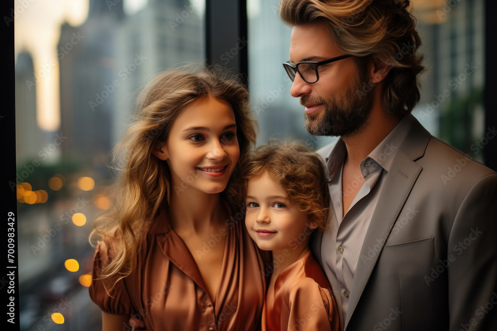 Happy young family on background of panoramic window of skyscraper Happy young family on background of panoramic window of skyscraper