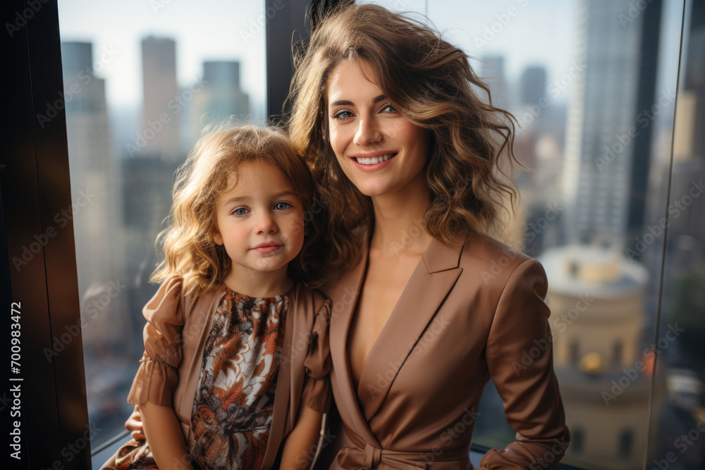 Mother and beautiful child in apartment on background of panoramic window Mother and beautiful child in apartment on background of panoramic window