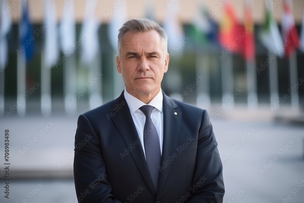 Portrait of a senior businessman with the flags of the world in the background Portrait of a senior businessman with the flags of the world in the background