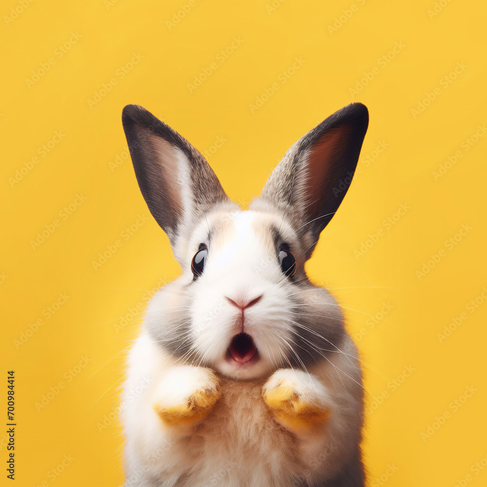 Fototapeta premium Rabbit looking surprised, reacting amazed, impressed, standing over yellow background