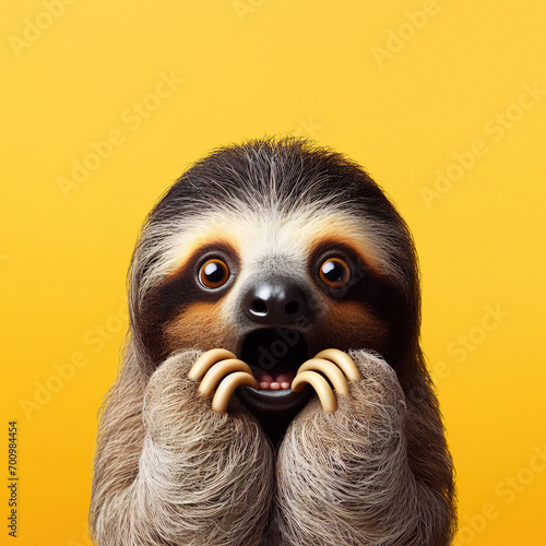 Three-toed sloth looking surprised, reacting amazed, impressed, standing over yellow background photo