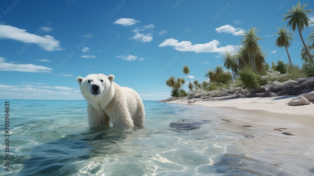 Naklejka premium Polar Bear Facing Climate Change: From Icy Habitat to Tropical Environment Due to Global Warming
