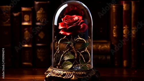 A red rose closed under a glass dome. Symbol of love. Generative AI. Loop video.