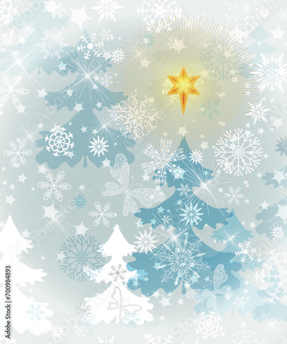 Vector hand drawn silvery card with magic forest, snowflakes and a bright Christmas star