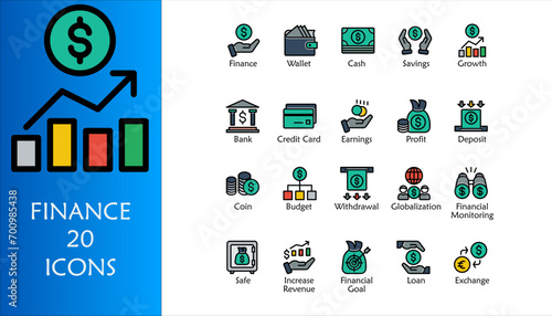 Finance icon set. Containing loan, cash, saving, financial goal, profit, budget, mutual fund, earning money and revenue icons. Color Lineal icons collection