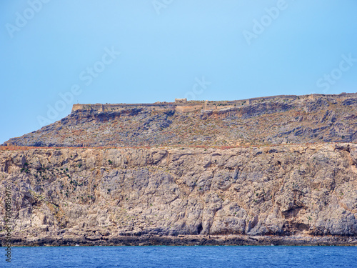 View towards the Venetian Fort Ruins, Imeri Gramvousa, Chania Region, Crete, Greece