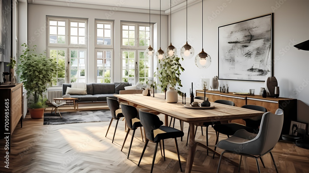 Classic-contemporary dining room with a mix of vintage and modern elements, creating an eclectic ambiance