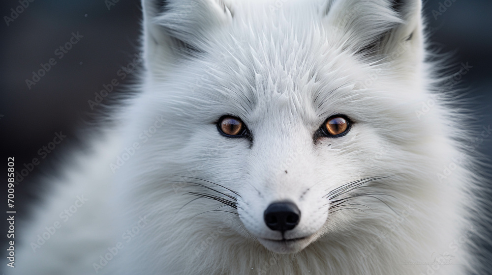 Close-up photo of a white fox.
