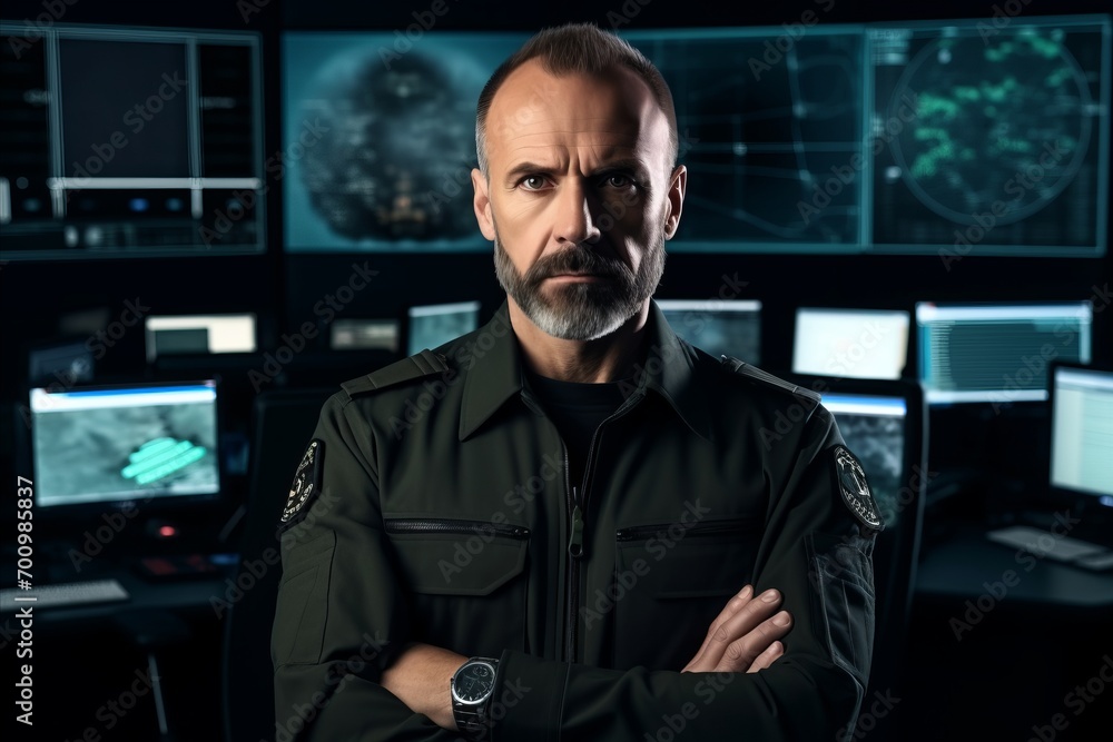 Portrait of a confident mature security guard standing with arms folded in a surveillance room. Portrait of a confident mature security guard standing with arms folded in a surveillance room.