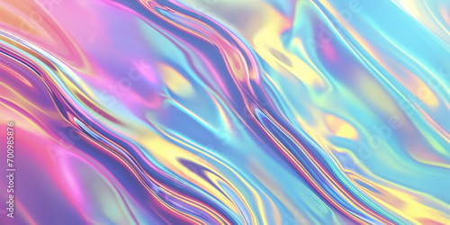 Holographic Blue Foil Wallpaper: Abstract Wavy Texture in Pastel Violet, Blue, Yellow - Retro 80s and 90s Neon Gradient Background with Metallic Iridescent Liquid Art