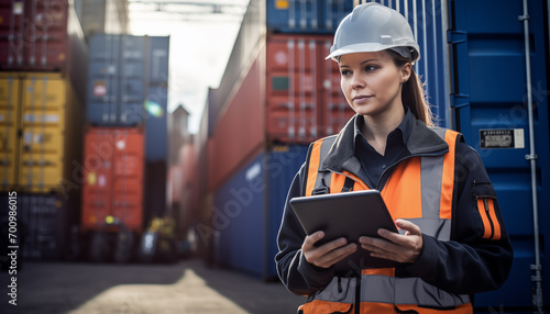 Female dock worker, harbor worker, port worker. Female employee at the logistics center. Warehouse clerk, Storekeeper, Warehouse assistant. Port Container storage outdoor area. Copy Space, Sunset