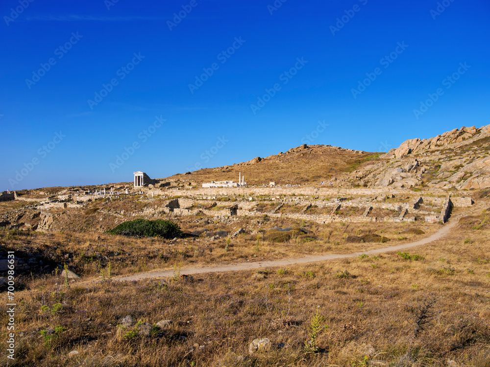 View towards the Temple of Isis, Delos Archaeological Site, Delos Island, Cyclades, Greece