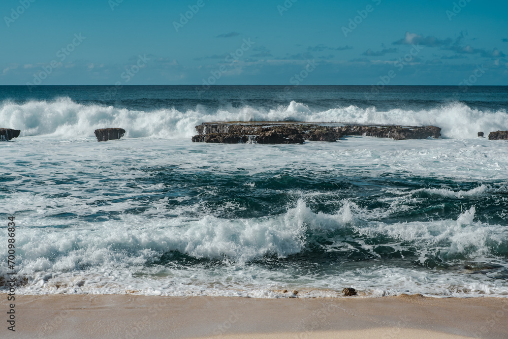 Three Tables / Kalahopele Gulch, Pupukea, North Shore, Oahu North Shore, Hawaii. Waves hitting the rocks

