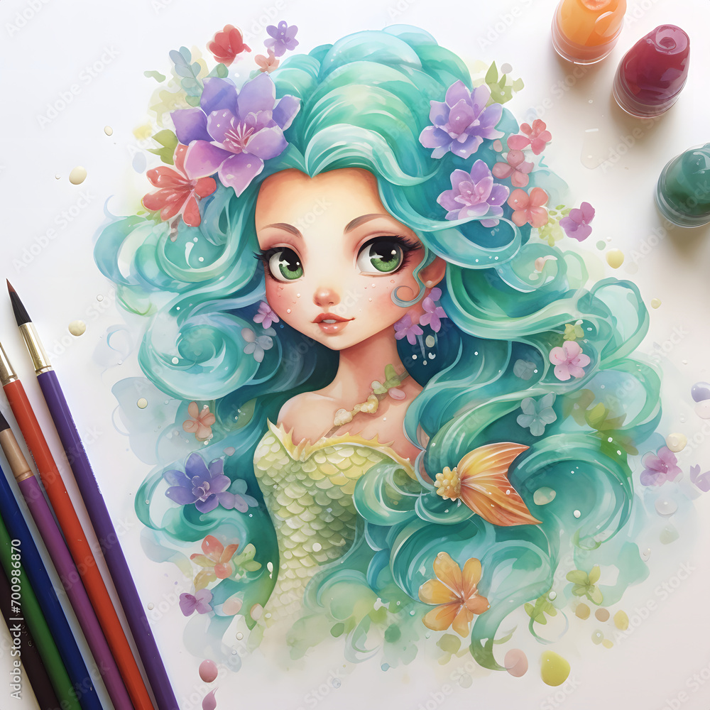 Watercolor painting of a green hair mermaid girl.