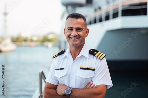 Portrait of a smiling captain with arms crossed standingof cruise ship