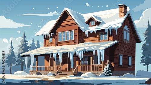 Icicles hanging from the eaves of a rustic house