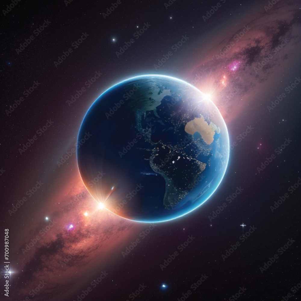 Ai generate  A distant galaxy filled with small colorful stars, and meteorites, a blue Earth-like planet in the foreground, realistic, colorful, 4k, awesome