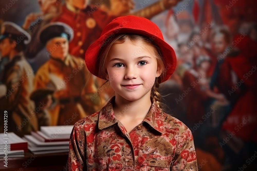 Portrait of a cute little girl in a red hat. Studio shot.