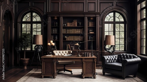 Classic-inspired home office with dark wood paneling  a stately desk  and vintage-inspired decor