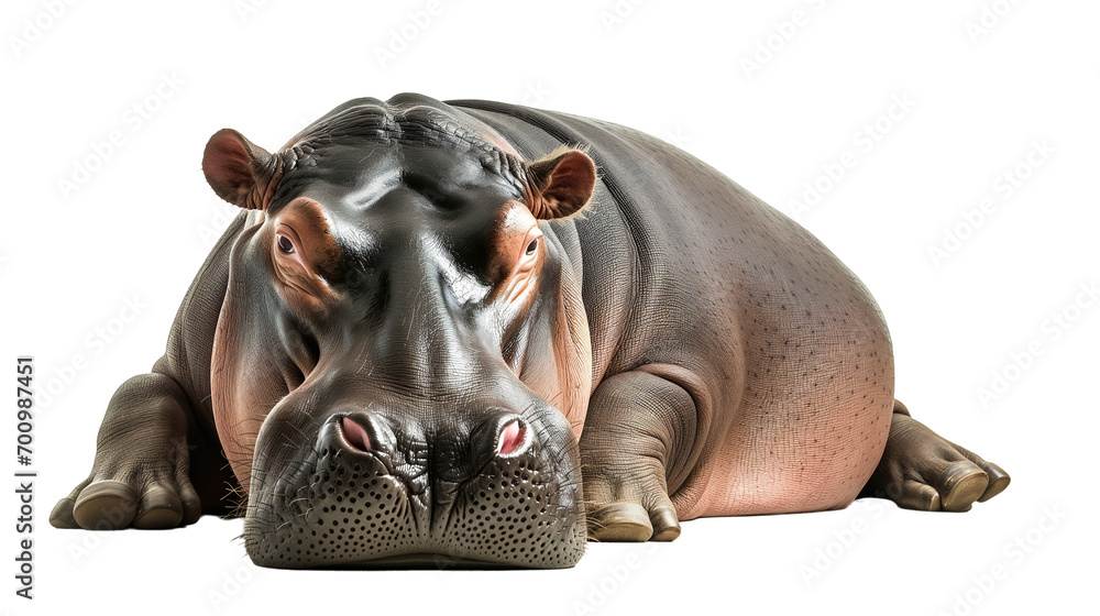 A hippopotamus lying on the ground isolated on a white background A hippopotamus lying on the ground isolated on a white background
