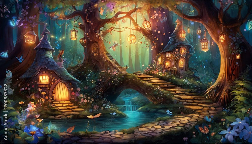 Fototapeta premium Enchanted fantasy woodland scene illustration