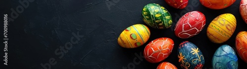 Happy Easter decoration background , colorful Easter eggs over black background. Easter day