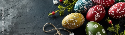 Happy Easter decoration background , colorful Easter eggs over black background. Easter day