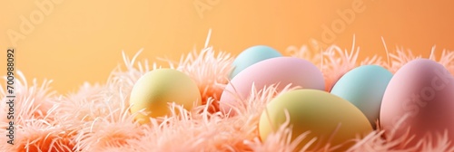 Happy Easter decoration background, Easter eggs over pastel peach fuzz background. Easter day