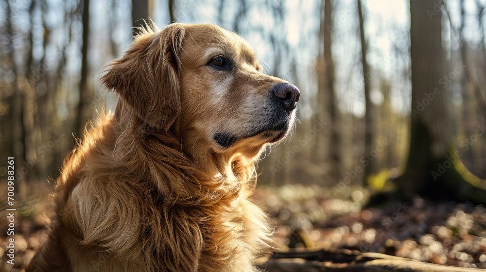 Golden retriever in the forest in spring Golden retriever in the forest in spring