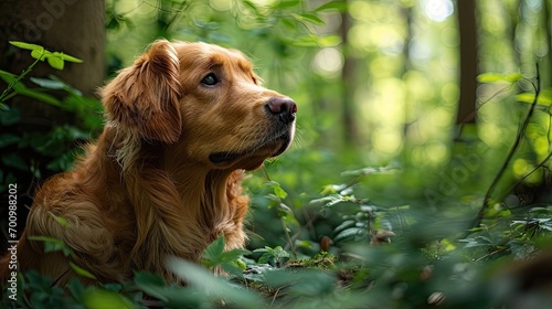 Golden retriever in the forest in spring