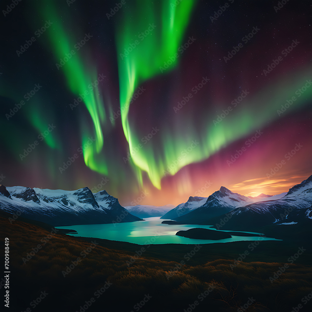A beauty of the Northern Lights in a dynamic explosion of colors. Abstract swirls and gradients mimic the celestial dance of the Aurora Borealis