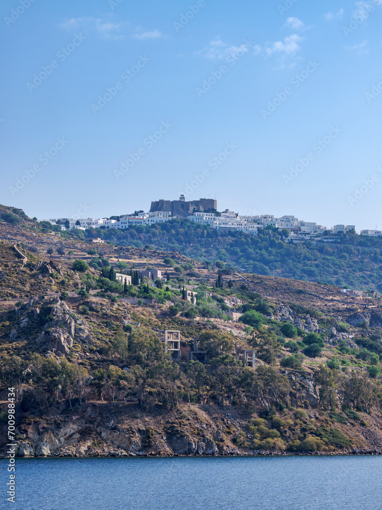 View towards the Monastery of Saint-John the Theologian, Patmos Chora, Patmos Island, Dodecanese, Greece