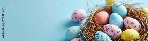 Happy Easter decoration background , colorful Easter eggs over pastel blue background. Easter day photo