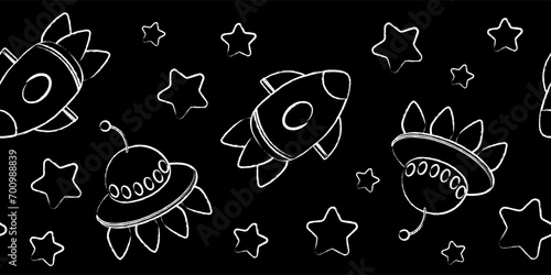 Seamless border of space elements spaceships and stars. White chalk on a black background. Cartoon vector illustration.
