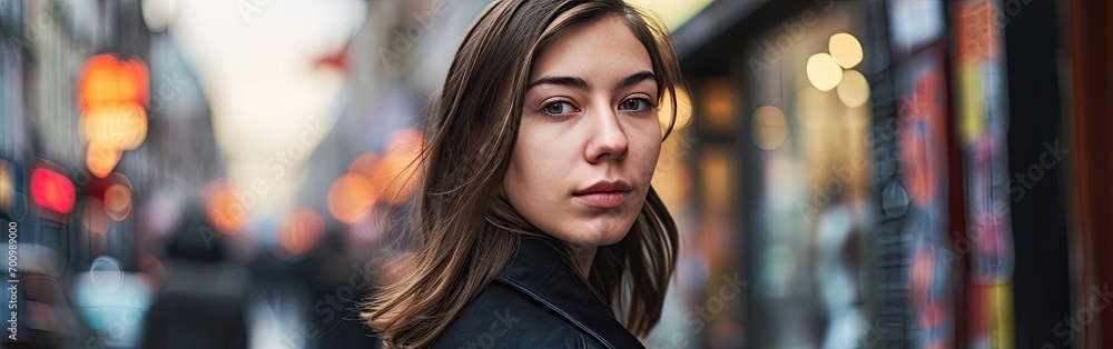 Obraz premium Young woman outdoors portrait in city wearing black