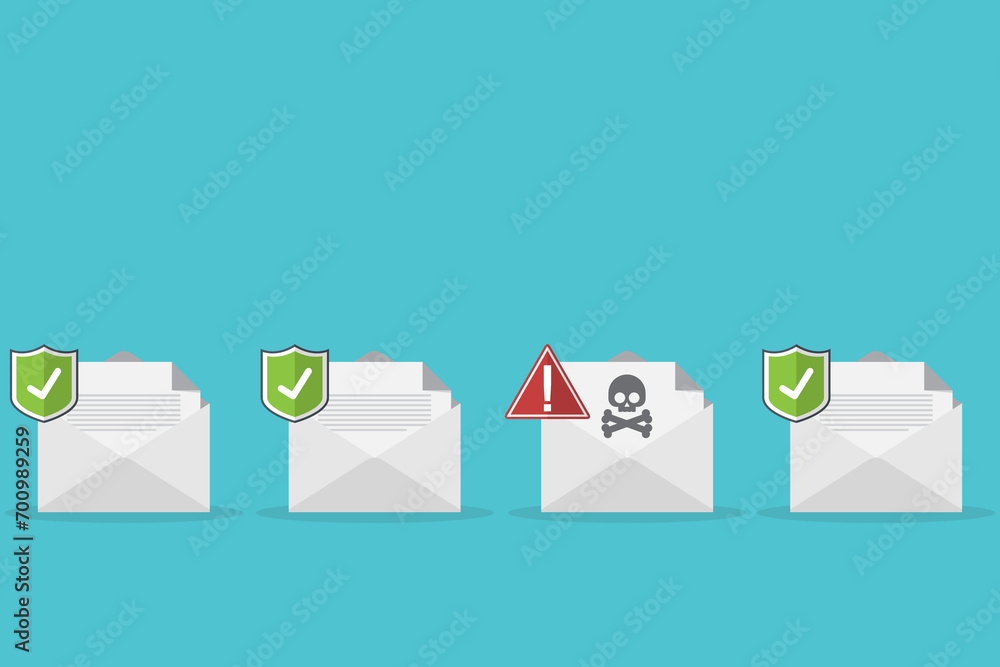 Email / envelope with black document and skull icon. Virus, malware, email fraud, e-mail spam, phishing scam, hacker attack concept.  - obrazy, fototapety, plakaty 