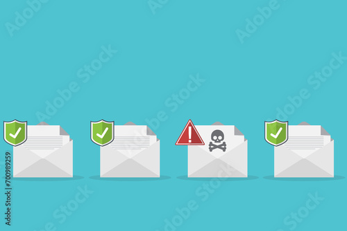 Email / envelope with black document and skull icon. Virus, malware, email fraud, e-mail spam, phishing scam, hacker attack concept.  photo