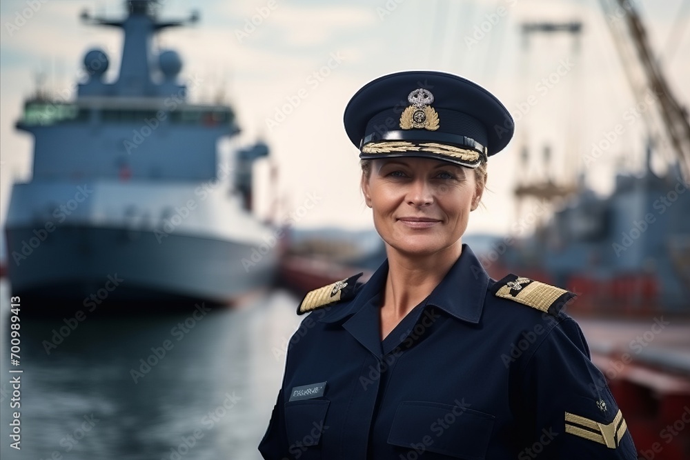 Portrait of a female pilot standing in front of a bulk carrier Portrait of a female pilot standing in front of a bulk carrier