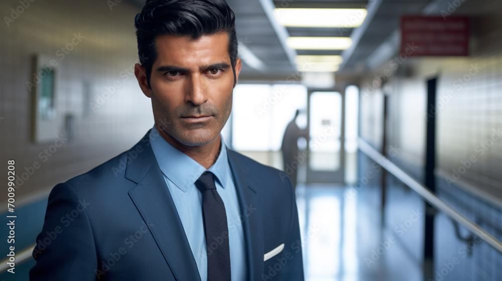 Serious businessman in a suit standing in a corporate hallway, portraying confidence and professionalism. Serious businessman in a suit standing in a corporate hallway, portraying confidence and professionalism.