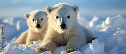 Adorable polar bear cub sitting in the Arctic snow.