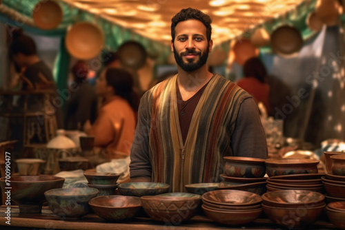 A smiling artisan man standing proudly in front of his pottery display at a traditional outdoor market.