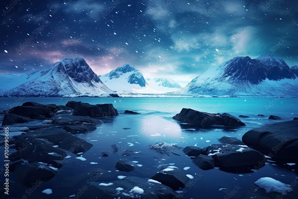 Starry winter night with snow-covered mountains, a frozen sea, and Northern Lights.