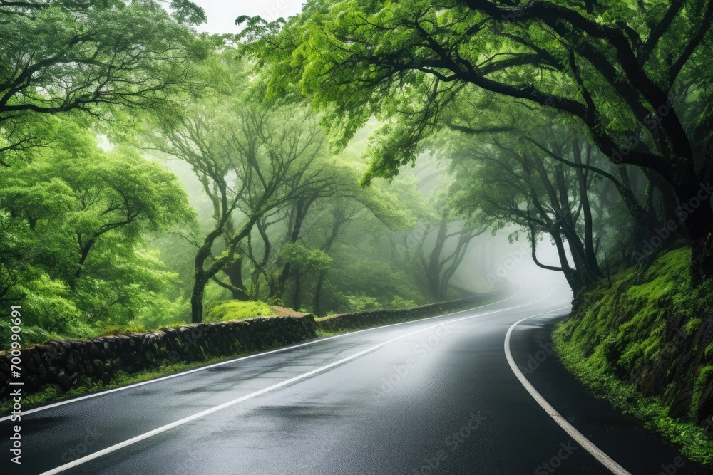 Rainy road curves through a tranquil forest, shrouded in fog, evoking a mysterious journey. Rainy road curves through a tranquil forest, shrouded in fog, evoking a mysterious journey.