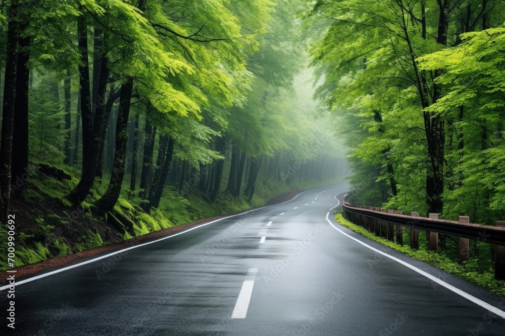 Obraz premium Rainy road curves through a misty forest, creating a serene and beautiful natural landscape.