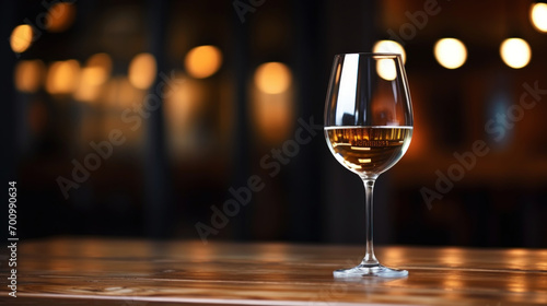 Elegant glass of white wine on blurred bar background. Wine industry concept. Generative AI