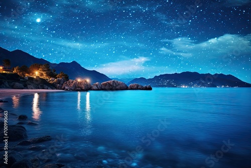 Tranquil night landscape with a starry sky, mountains, and a reflective lake, highlighting nature's beauty. © Iryna