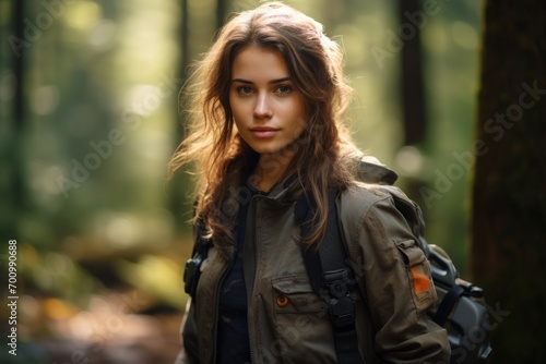 Portrait of a beautiful young woman with backpack in the forest.