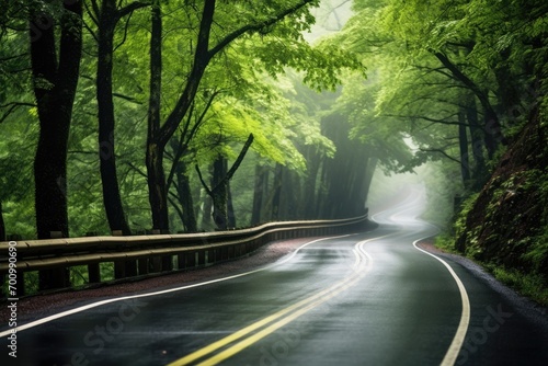 Wet, foggy road winding through a lush forest, creating a beautiful and tranquil scene.