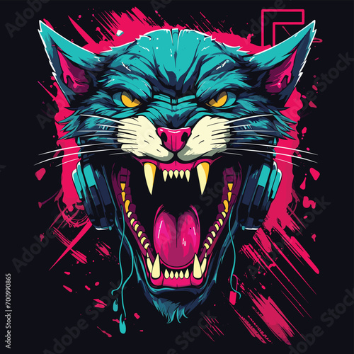 illustration of a aggresive cat with mechanical elements intense look