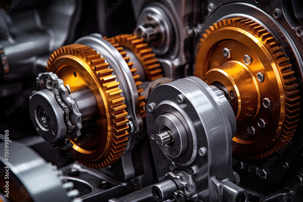 A complex gear system within modern machinery, showcasing the sophistication of contemporary mechanical design. A complex gear system within modern machinery, showcasing the sophistication of contemporary mechanical design.